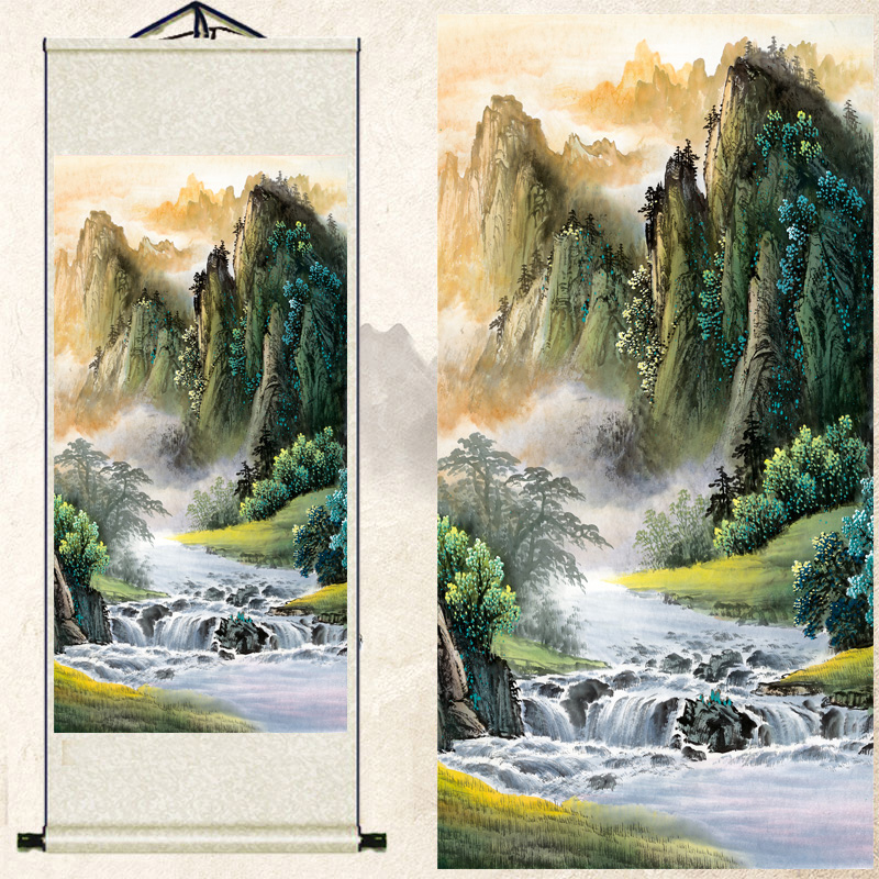 速发 山水画鸿画当头国画客装字画送礼招财竖版厅饰运卷轴画