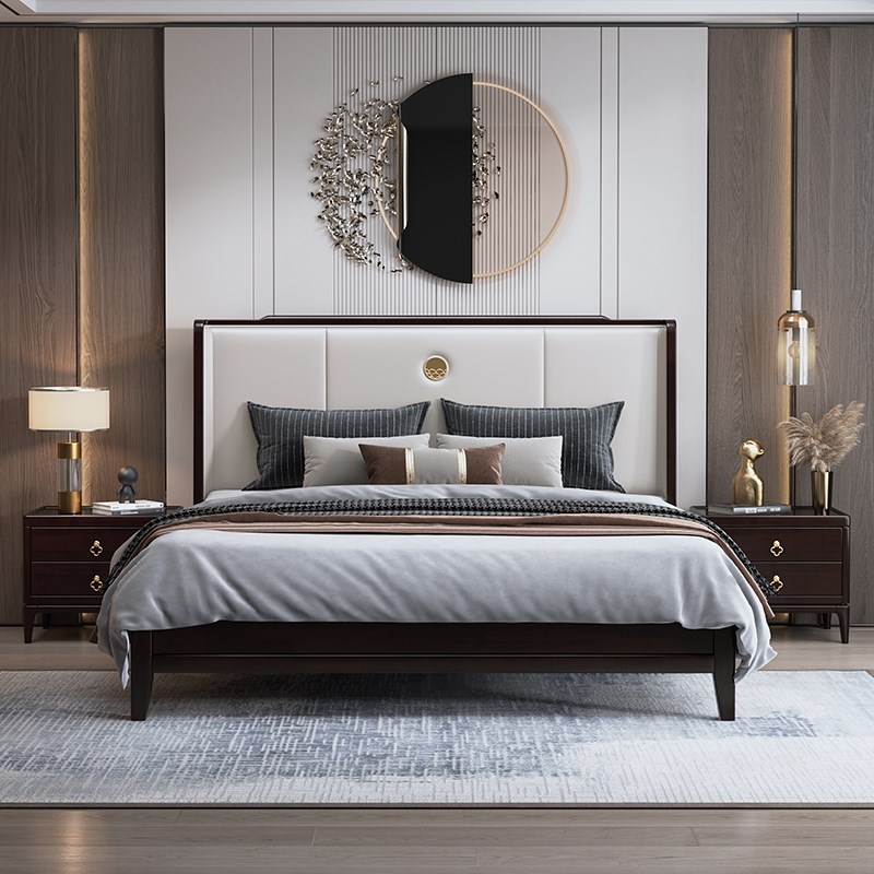 速发新中式实木床1.8米双木卧1.5轻奢气压大床橡胶人简约主床框架