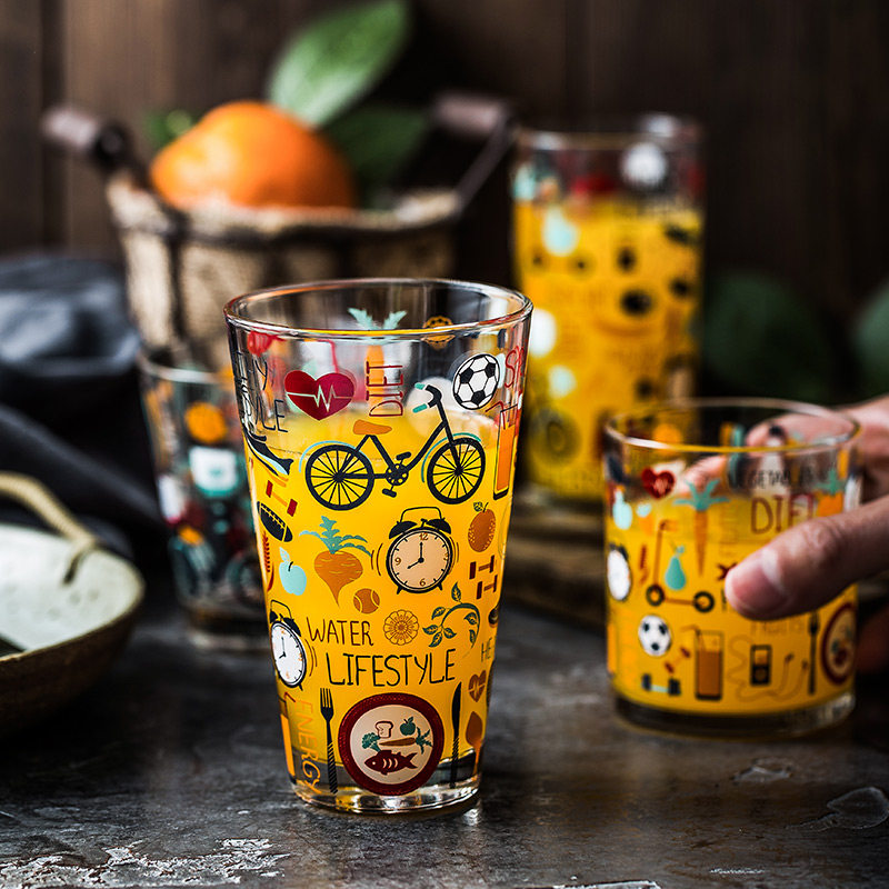 速发彩色涂鸦无铅玻璃杯家用耐热水杯印花杯子创意茶杯漱口刷牙杯