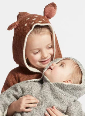 ins爆款秋冬男女儿童装宝宝Oeuf洋气动物双层毛衣套头连帽针织衫