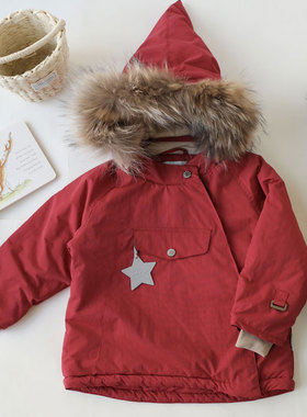 ins冬季新款男女儿童装mat同款三防精灵帽连体棉服棉袄宝宝羽绒服