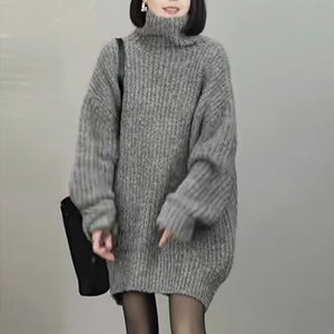 宽松慵懒风高领毛衣女秋冬新款高级感保暖软糯中长款加厚针织外套