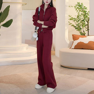 红色气质针织开衫毛衣运动套装时尚轻奢高腰休闲裤女冬季加厚新款