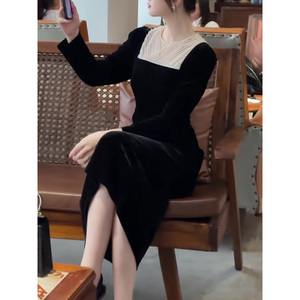 赫本风黑色丝绒连衣裙女秋装高端精致名媛气质法式修身礼服长裙子