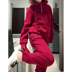红色加绒加厚连帽卫衣套装女秋冬新款欧货洋气宽松保暖运动两件套