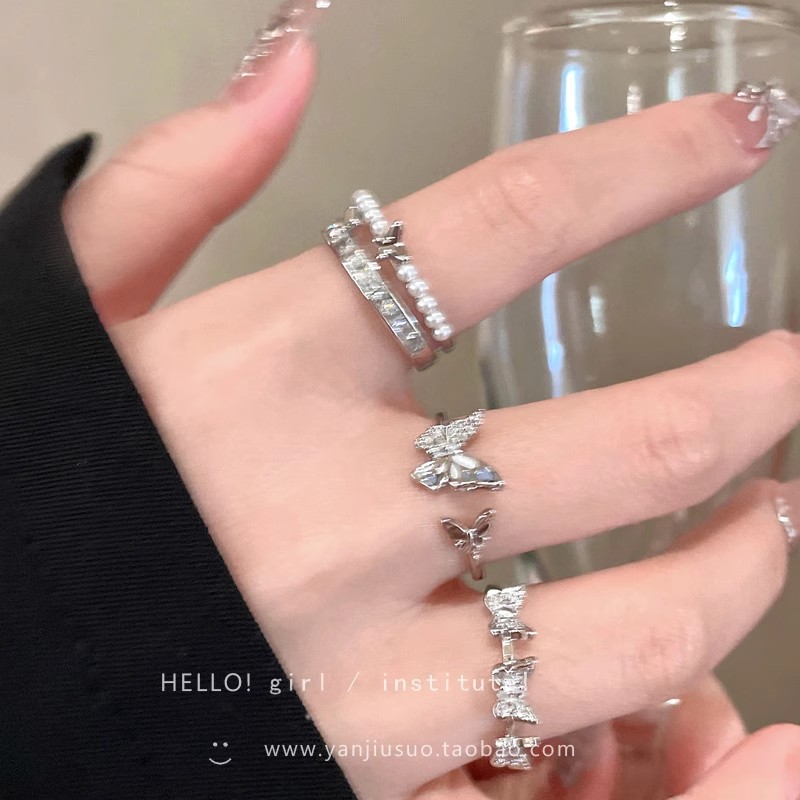 银色蝴蝶开口戒指女小众设计可调节食指戒轻感时尚百搭首饰品