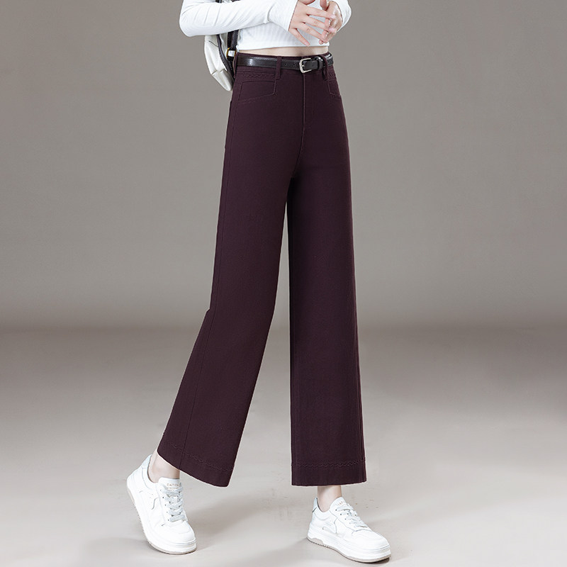 梦舒雅女裤2025年秋冬新款时尚盘花高腰显瘦直筒阔腿牛仔九分裤子