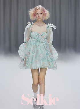 【经典系列】薄荷草本 浅蓝底藕节袖迷你连衣裙Selkie Collection