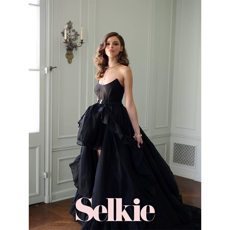Selkie黑色丝绵混纺大拖尾裙罩