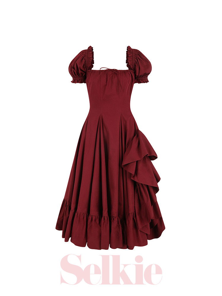 thumbnail for Classic slimming fit|Burgundy puff sleeve long puff skirt dress SelkieCollection