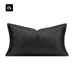 柏洛斯weave现代轻奢黑色皮革编织样板间会所展厅沙发抱枕长腰枕