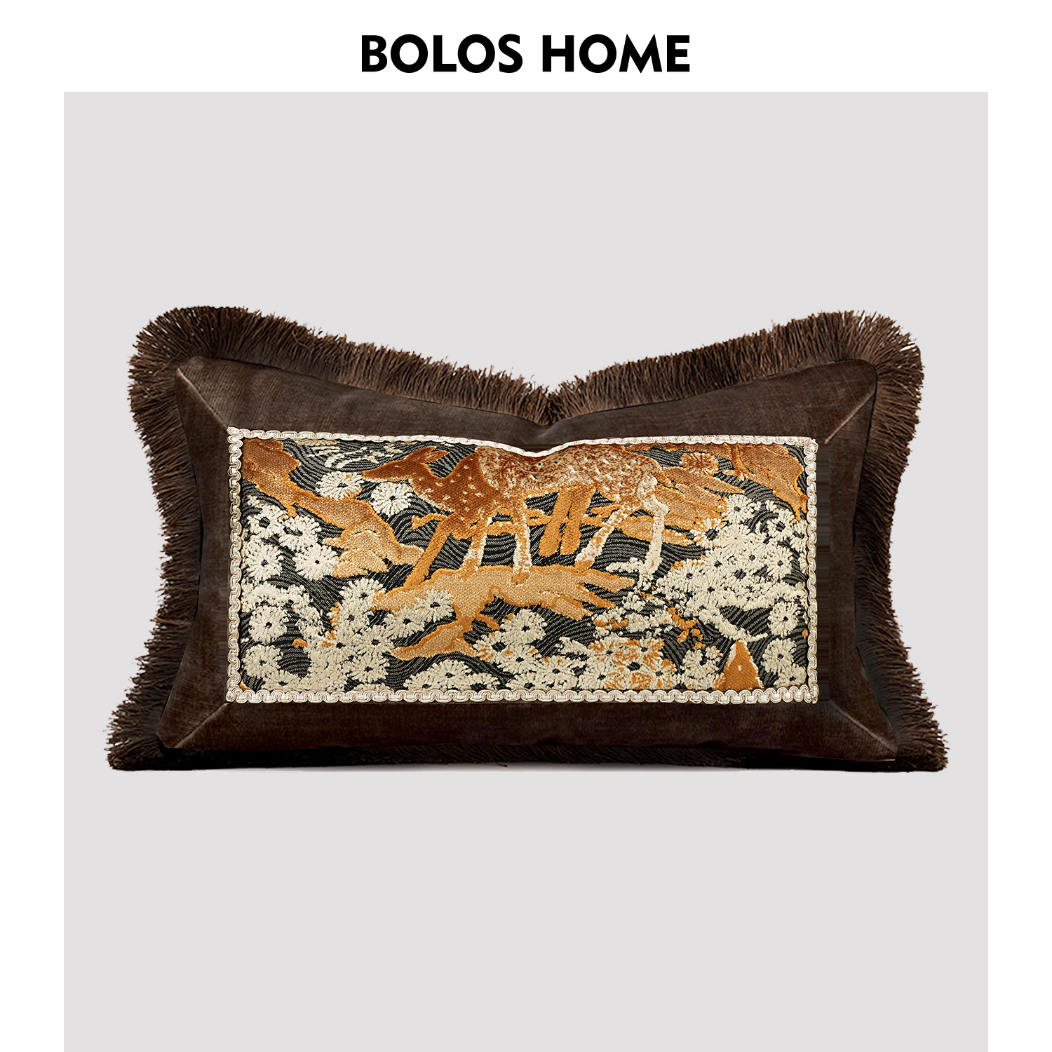 BOLOS HOME 复古轻奢棕咖色拼接吉祥鹿抱枕中古风样板间沙发腰枕