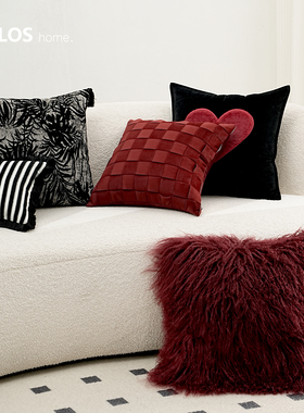 柏洛斯Prosperous现代红色绒布格子拼接轻奢样板间酒店沙发靠背枕