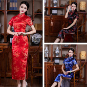 长款 复古改良梅花图案礼仪大码 旗袍 女式 亚马逊中国风立领斜襟短袖