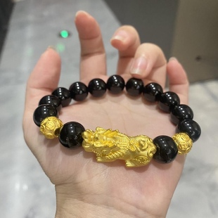 黃金貔貅手鏈男士 足金999女黑曜石皮丘手串貔貅送男友情人節(jié)禮物