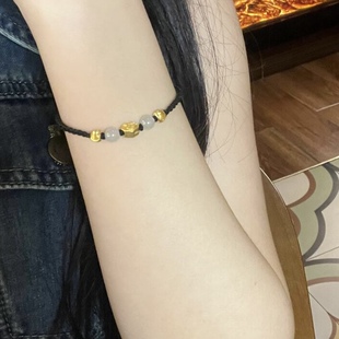 黄金手链女足金999古法小金珠手链5D硬金福字金锁编织手绳送女友