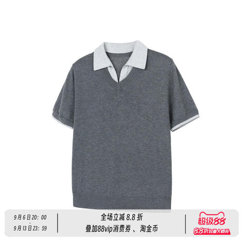 假两件知识分子针织合身正肩翻领短袖休闲T恤男女夏