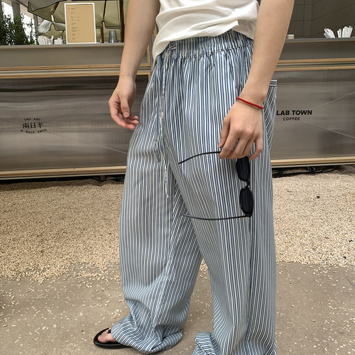 Nevoko夏季薄款条纹长裤度假风抽绳慵懒阔腿休闲裤男女款