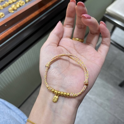 古法小金珠足金999黄金福牌福字手链女送女友老婆七夕情人节礼物