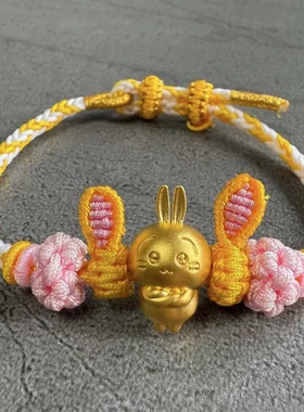 正品黄金足金999乌萨奇三瓣嘴素金转运珠手链吊坠Chiikawa送女友