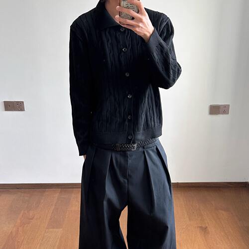 绞花polo领贝壳扣新疆长绒棉休闲老钱风纽扣针织开衫外套