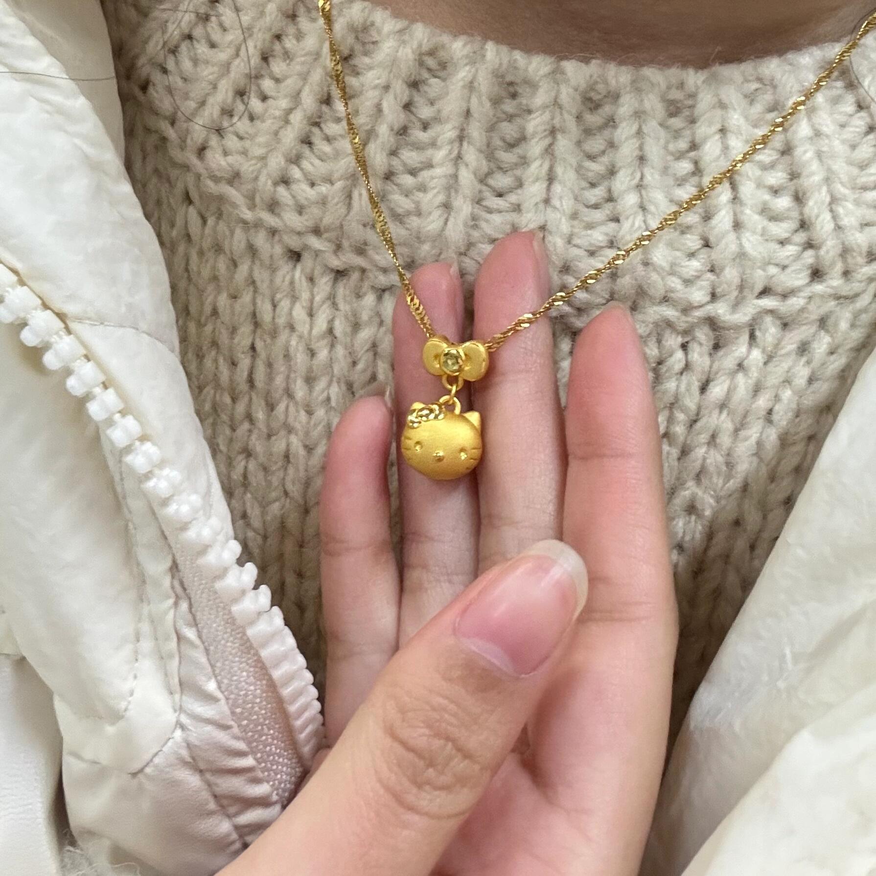 999足金KT猫头吊坠女蝴蝶结凯蒂猫黄金kitty挂坠送女友七夕项链