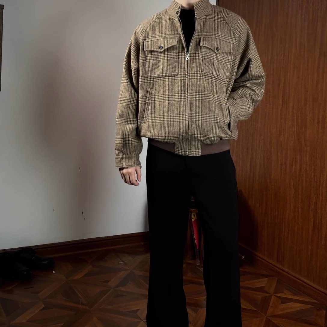 威尔士亲王千鸟格哈灵顿夹克短宽立体剪裁