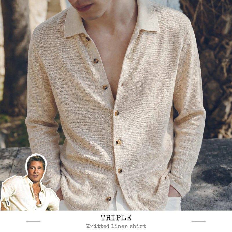 TRIPLE高级感老钱风亚麻混纺针织衬衫男长袖春秋薄款松弛感外套