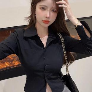 性感长袖 短款 纽扣衬衫 女装 上衣 名范有质感版 春夏新款 型正纯色修身