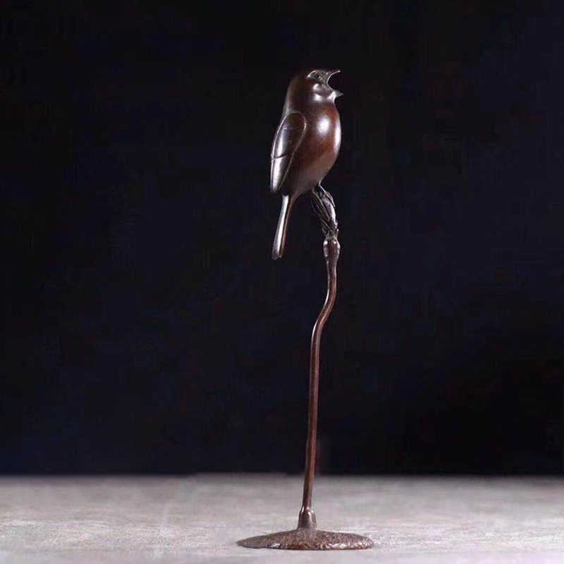 雨宫宗 日式纯铜茶宠枝头鸟一鸣惊人麻雀铜实心复古茶宠茶道摆件