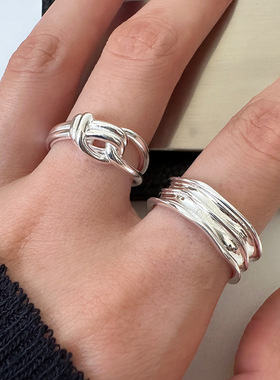 s925纯银双层绳结线条戒指女欧美简约时尚创意设计不规则开口指环