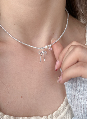 碎银子蝴蝶结项链女s925纯银气质甜美公主粉色爱心锁骨链小众设计