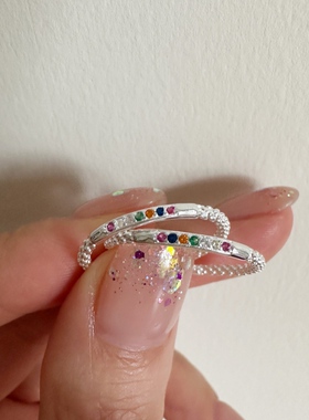 纯银彩虹锆石戒指女简约小巧迷你个性彩色宝石开口指环小众轻奢感