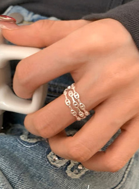 纯银猪鼻链条镂空戒指女欧美简约经典时尚款小众设计开口设计指环