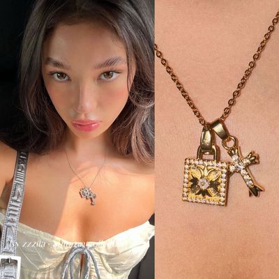 Holly同款~欧美锁扣方块十字架小众设计感项链百搭ins锁骨链