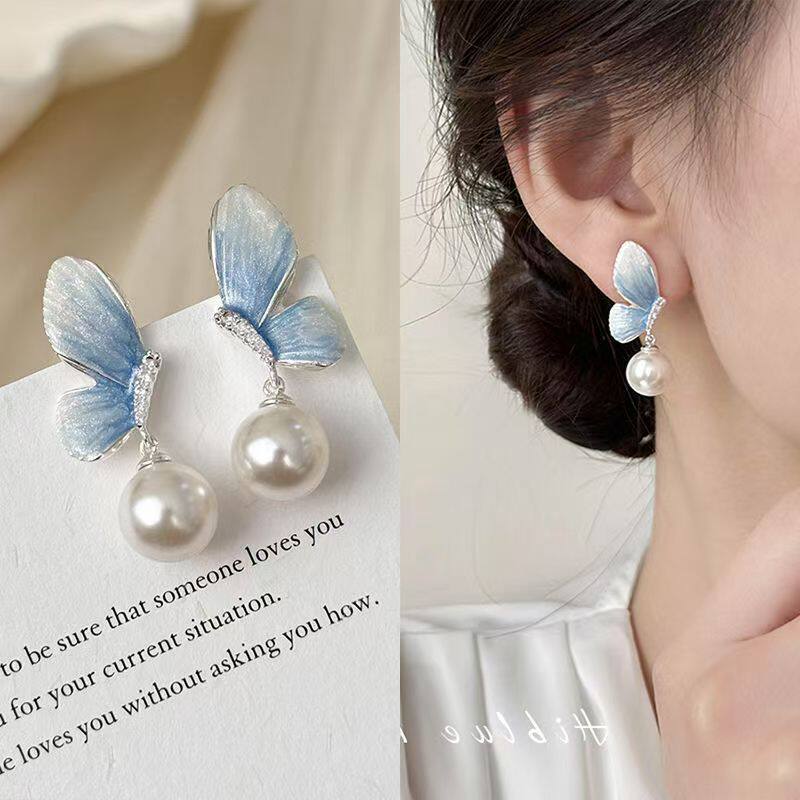 独特小众设计渐变蓝色滴釉蝴蝶流苏珍珠耳环耳坠女2025年春夏新款