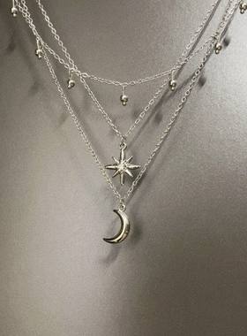 Vintage古着 Silver light hanging night欧美风月亮星星吊坠项链