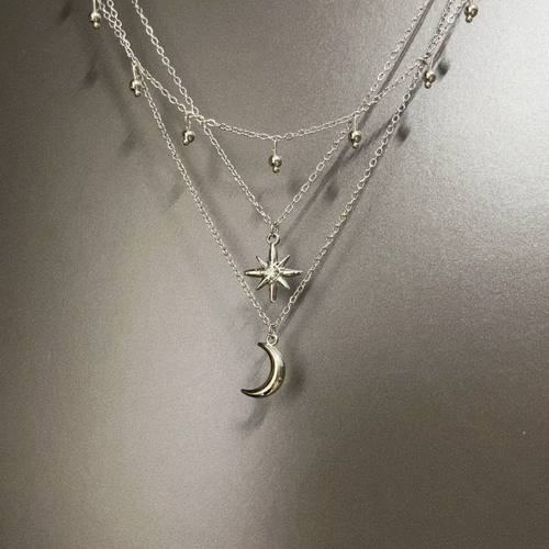 Vintage古着 Silver light hanging night欧美风月亮星星吊坠项链