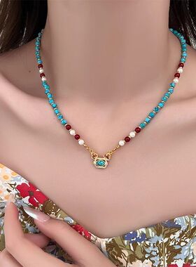 复古珠串锁骨链精致小方坠百搭显气质日常穿搭饰品