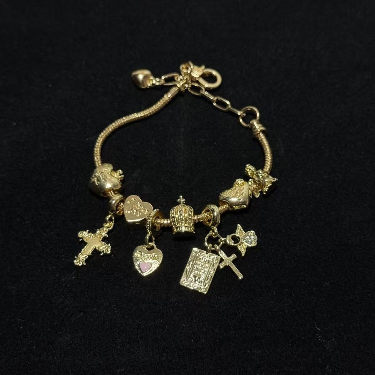 Vintage古着 Cross Heart中古重工十字架爱心吊坠手链可调节手环图片