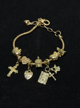 Vintage古着 Cross Heart中古重工十字架爱心吊坠手链可调节手环