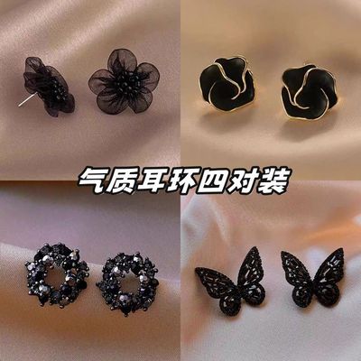 黑色花朵耳环女2025新款爆款小众设计感高级耳钉独特大气耳饰