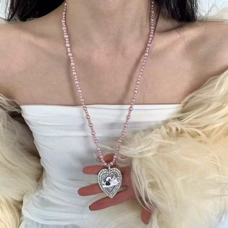 韩系千禧百搭猫咪珐琅紫色珍珠项链女轻奢小众长款毛衣链项链颈饰