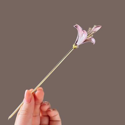 紫色百合发簪女感新中式发饰花朵发钗簪子古风素雅头饰簪花配