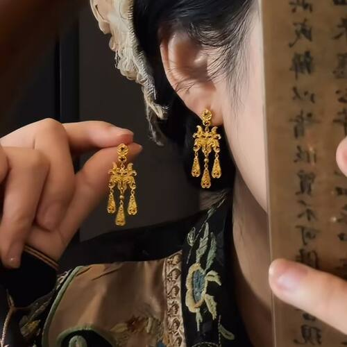 中式金色耳钉宝相花流苏耳钉新款气质精致高级感耳坠耳饰时尚百搭