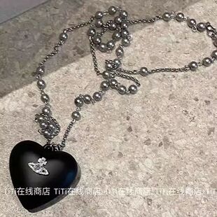 甜酷闪钻土星黑色爱心项链时尚精致高级秋冬毛衣链辣妹长款卫衣链