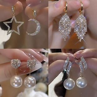 微镶满钻星星月亮耳环不对称个性百搭耳扣高级轻奢耳饰新款耳坠女
