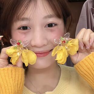 超仙设计氛围法式花朵耳环黄色夸张花瓣耳坠耳饰海边气质度假耳钉