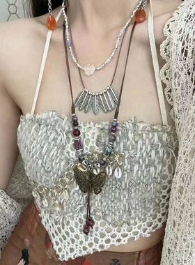 小众复古项链民族出游搭配波西羽毛锁骨链树叶文艺感木珠锁骨链