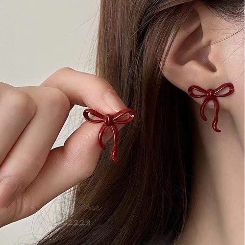 气质新款安可拉红蝴蝶结耳钉女